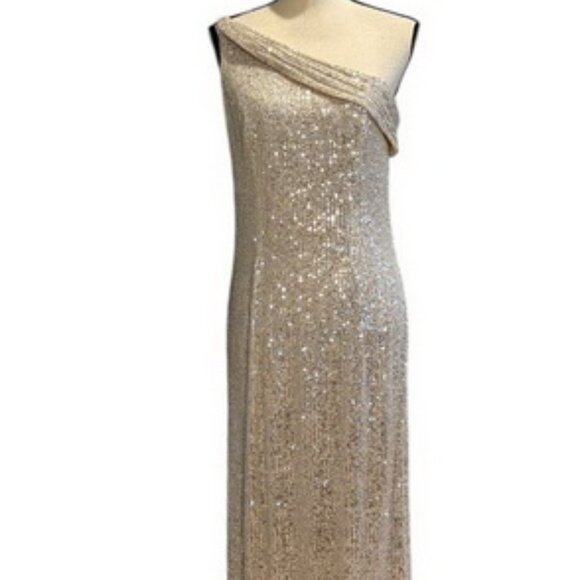 Ieena Mac Duggal Nude Silver Sequin One-Shoulder Side Slit Gown